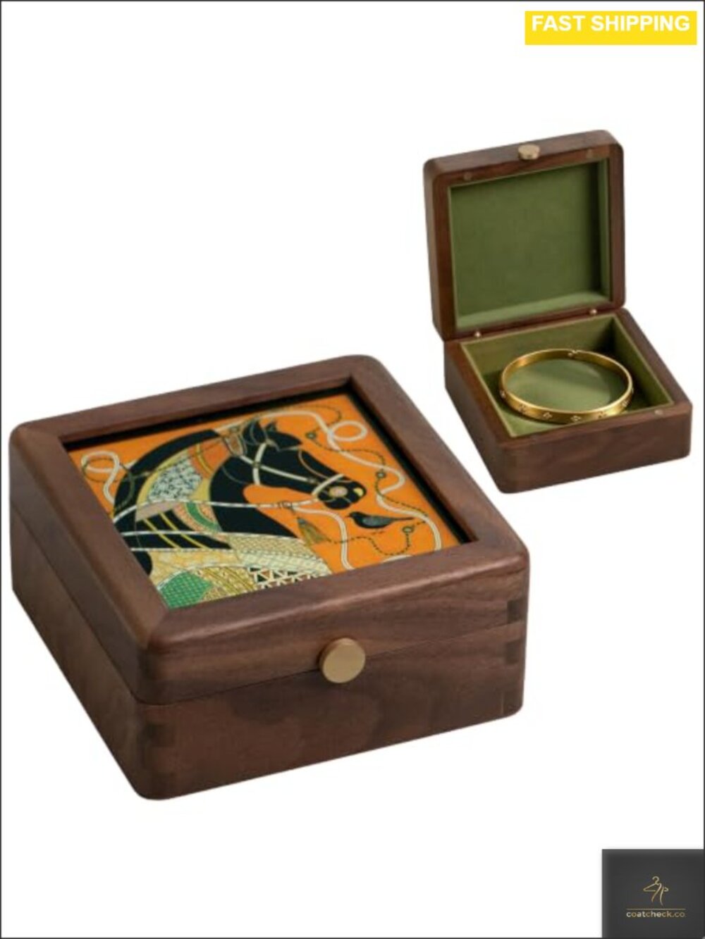 Wooden Jewelry Box Small Black Walnut Wood Velvet Lining Horse Design Glass Lid
